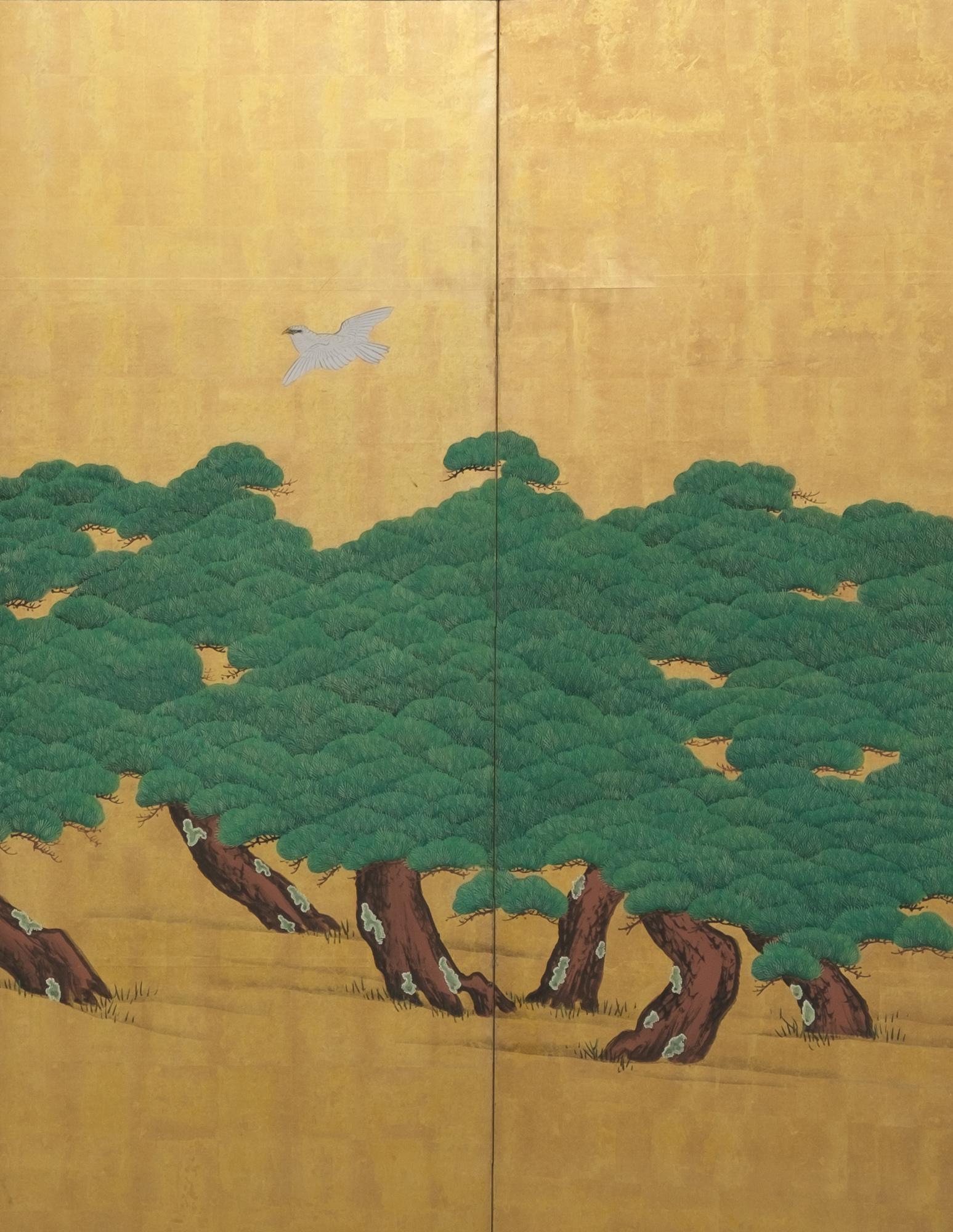 Japanese Large 6-Panel Room Divider with a Painting of Pine Trees & Bird of Prey 1