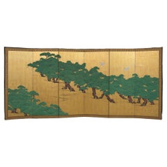 Japanese Large 6-Panel Room Divider with a Painting of Pine Trees & Bird of Prey