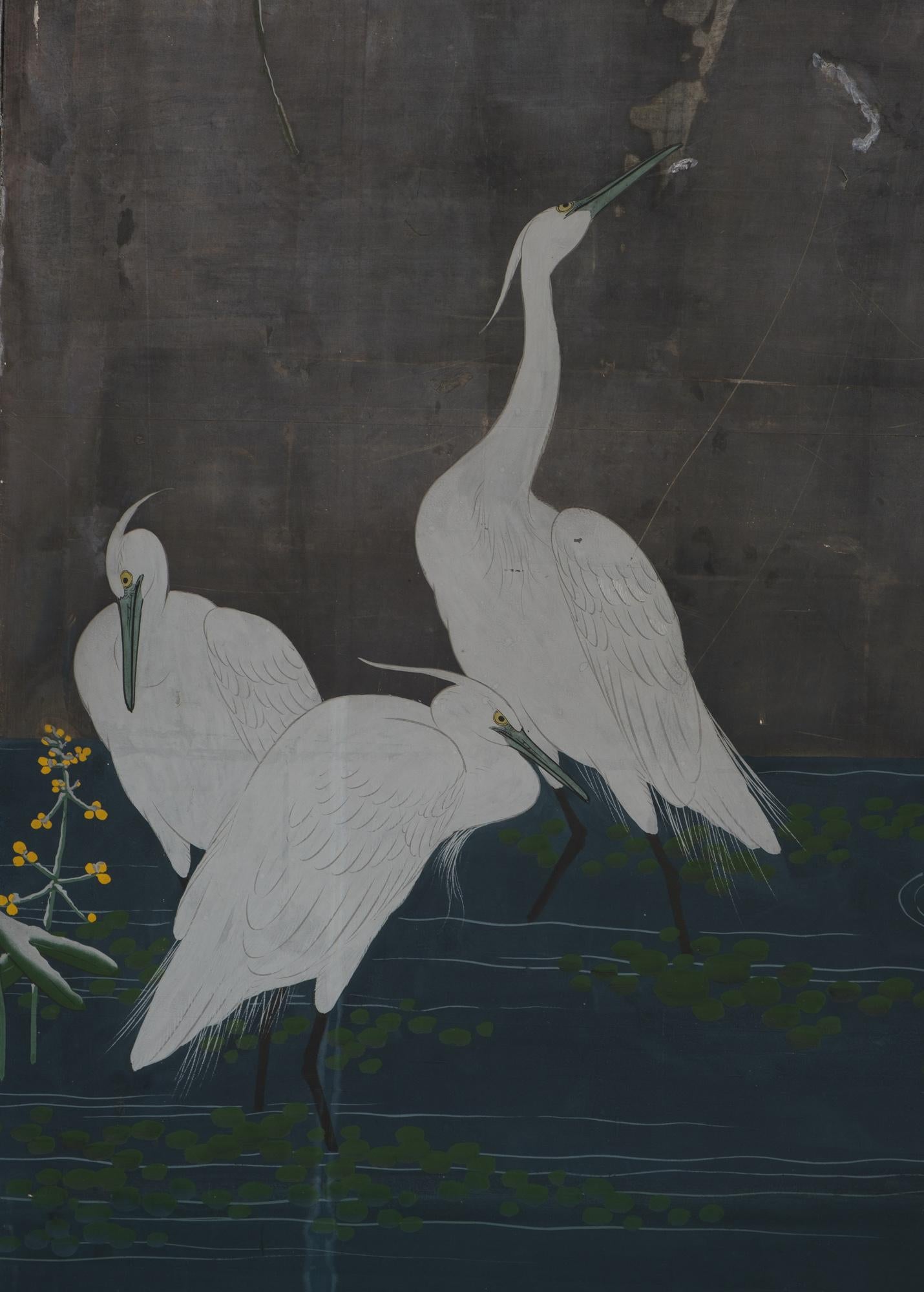 Japanese Large 6-Panel Room Divider with a Painting on Silver Leaf of Herons 9