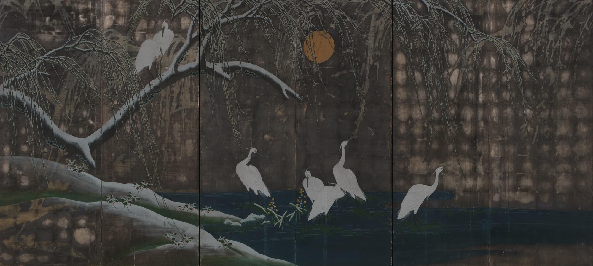 Attractive and large Japanese six-panel byôbu (room divider) with a refined painting on oxidized silver leaf of a group of white herons (shirasagi) standing in a river under the snow-covered branches of a weeping willow (yanagi), shined upon by a