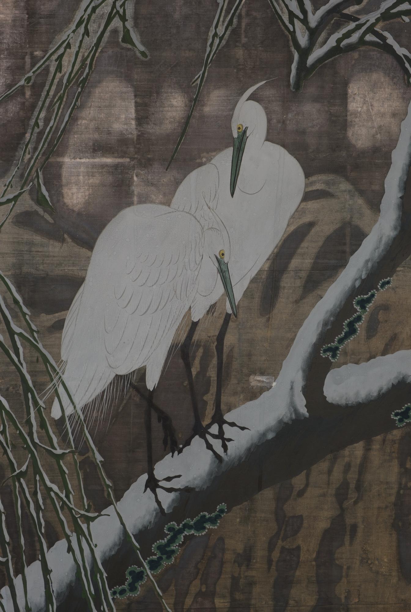 Hand-Painted Japanese Large 6-Panel Room Divider with a Painting on Silver Leaf of Herons