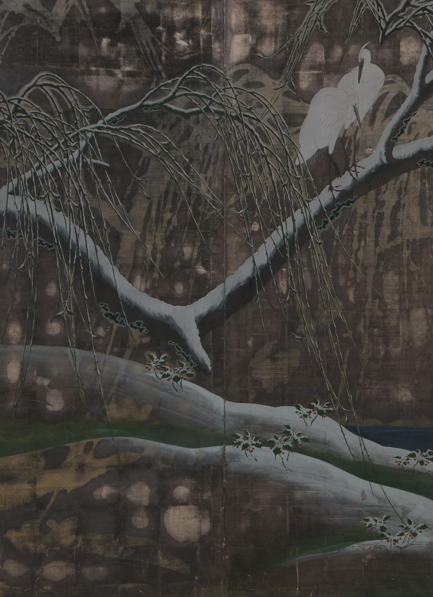 19th Century Japanese Large 6-Panel Room Divider with a Painting on Silver Leaf of Herons