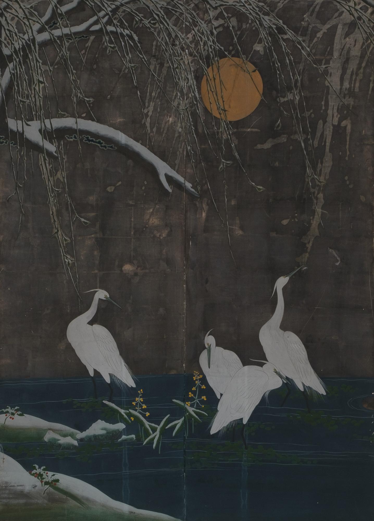 Japanese Large 6-Panel Room Divider with a Painting on Silver Leaf of Herons 3