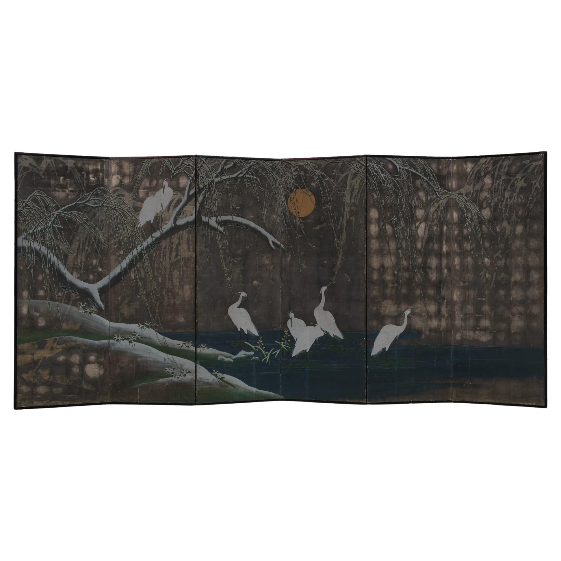Japanese Large 6-Panel Room Divider with a Painting on Silver Leaf of Herons