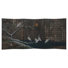 Japanese Large 6-Panel Room Divider with a Painting on Silver Leaf of Herons