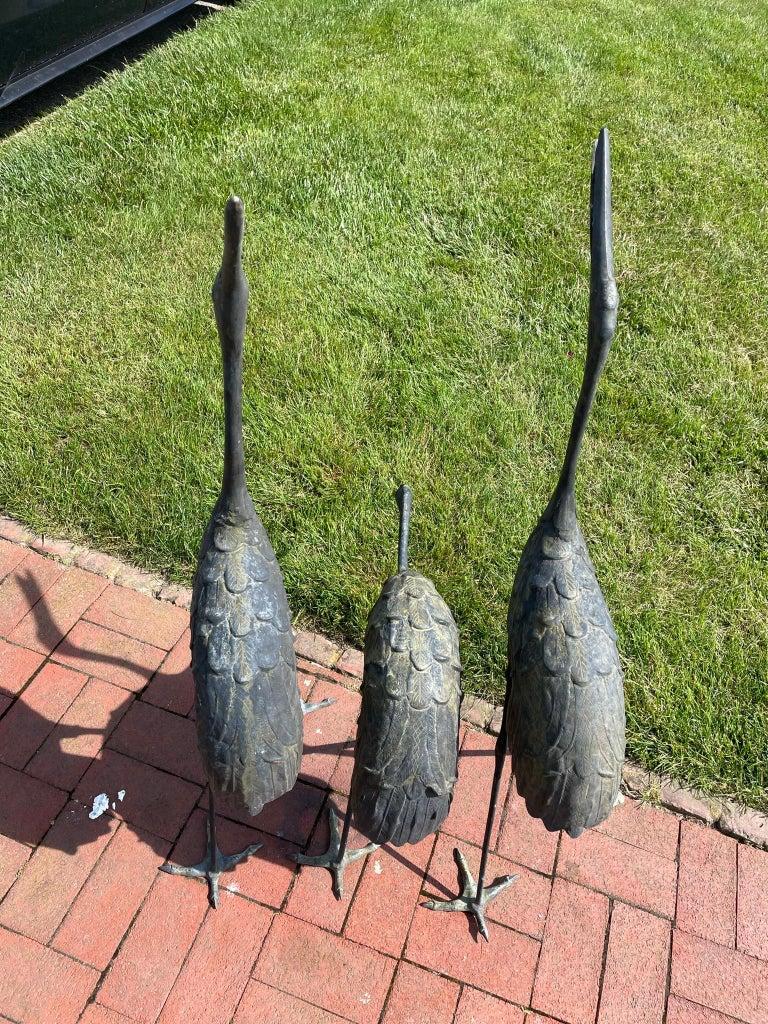 Japanese Set Three Large Antique Bronze Red Crested Cranes, Complete 1