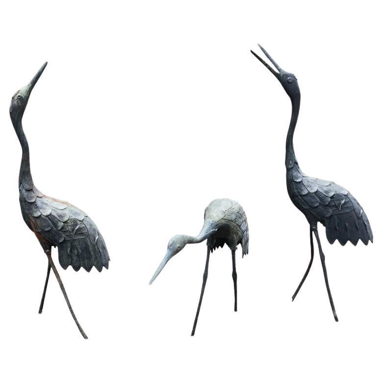Japanese Set Three Large Antique Bronze Red Crested Cranes, Complete