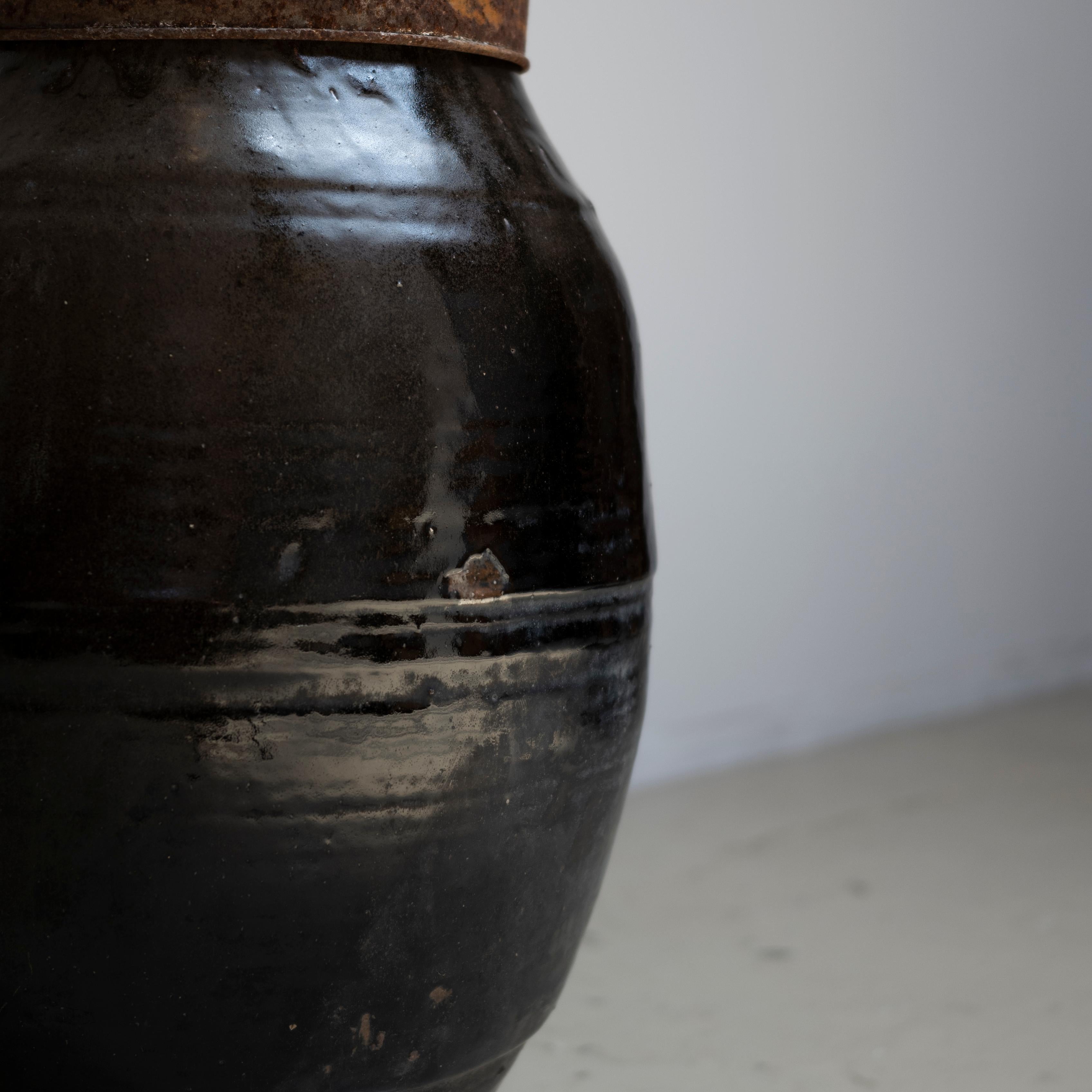 20th Century Japanese Large Wabisabi Antique Tsubo Jar with Rusted Iron Lid