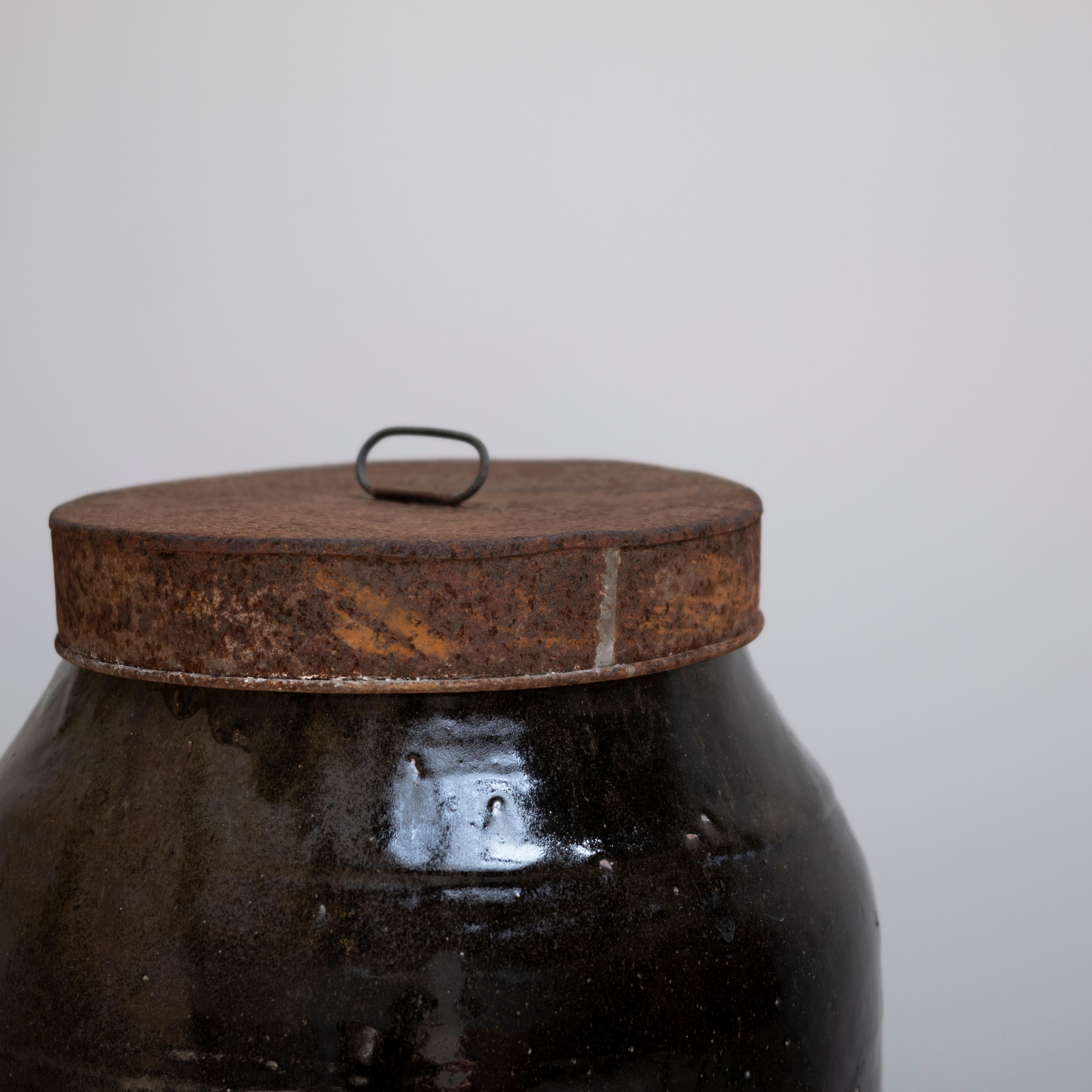 Japanese Large Wabisabi Antique Tsubo Jar with Rusted Iron Lid 1