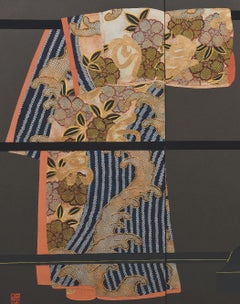 Japanese Large Black Yellow Gilded Raised Silk Two-Panel Folding Screen