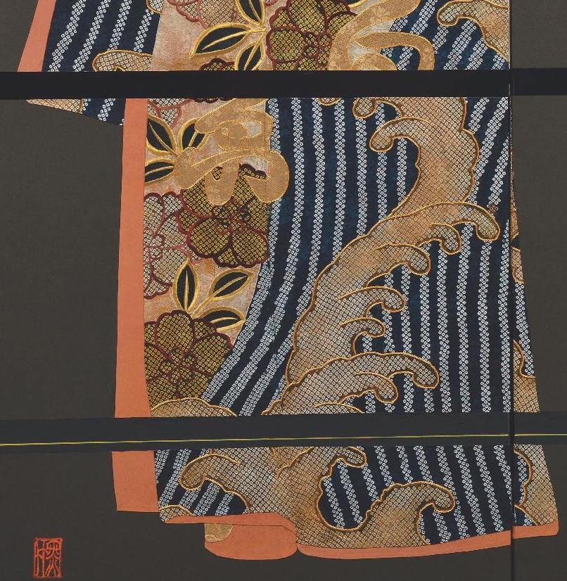 Japanese Large Black Yellow Gilded Raised Silk Two-Panel Folding Screen In New Condition For Sale In Takarazuka, JP