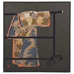 Japanese Large Black Yellow Gilded Raised Silk Two-Panel Folding Screen