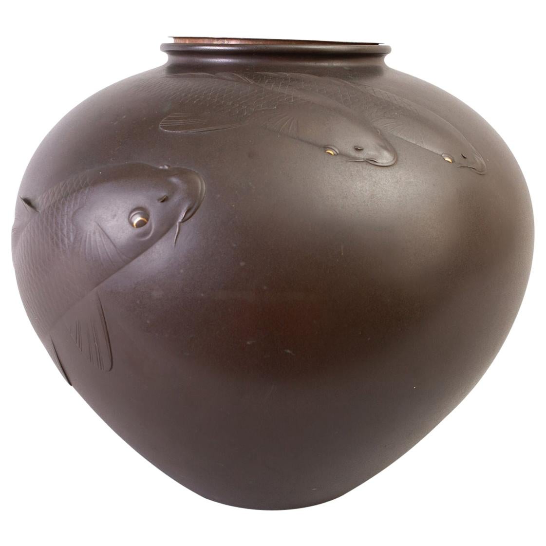 Japanese Large Bronze Vase with Carp Design