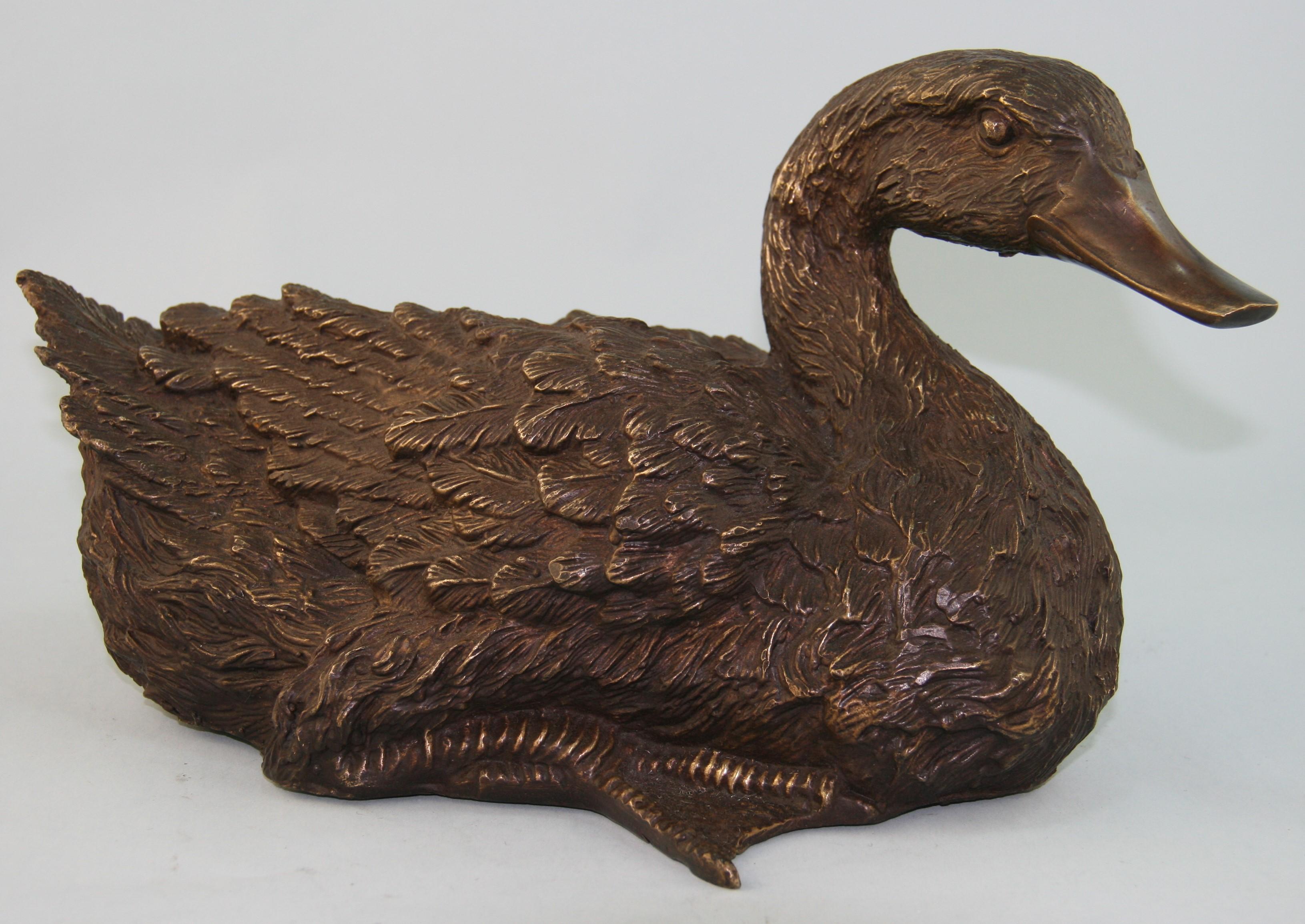 Asian Japanese Large Cast Bronze Resting Duck Garden Sculpture For Sale