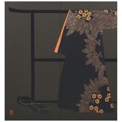 Japanese Large Contemporary Black Red Gilded Silk Two-Panel Folding Screen