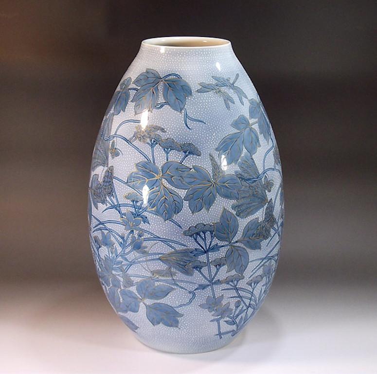 Hand-Painted Japanese Large Blue Porcelain Vase by Master Artist For Sale