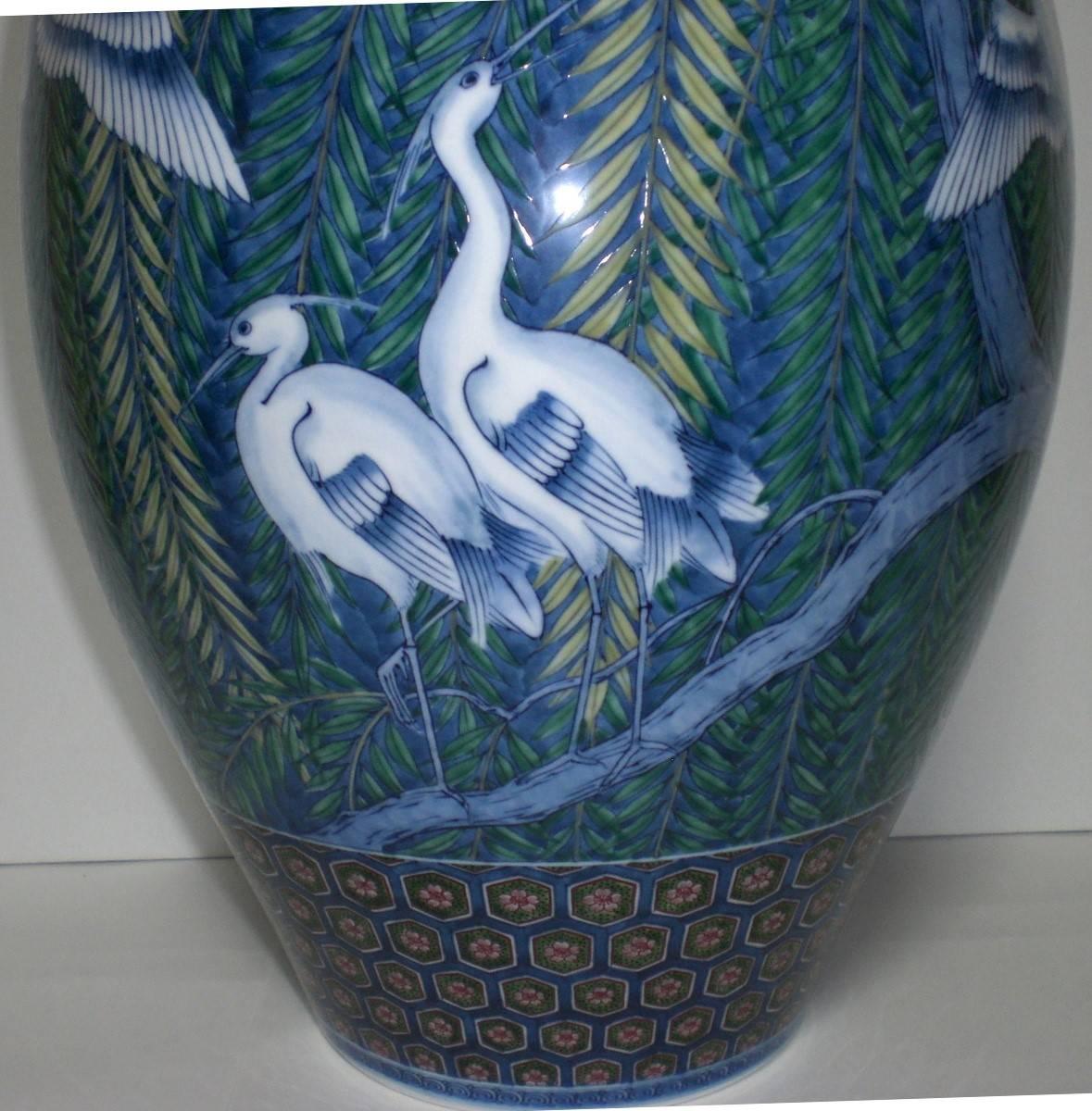 Hand-Painted Japanese Contemporary Porcelain Vase Green Blue White Red by Master Artist