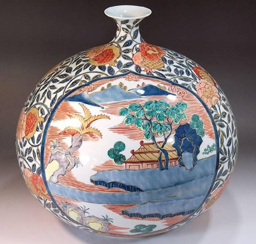 Gilt Japanese Contemporary Green Blue Red Porcelain Vase by Master Artist, 3 For Sale