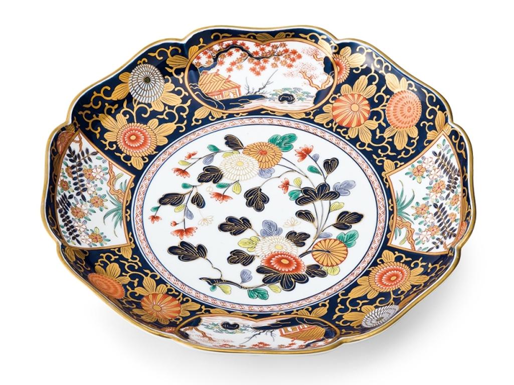 Contemporary Large Japanese KO-Kutani style porcelain serving platter, hand-painted in cobalt blue, red and green and generous application of gold on a pure white porcelain, characteristic of Ko-Imari style.This is the largest of three identical