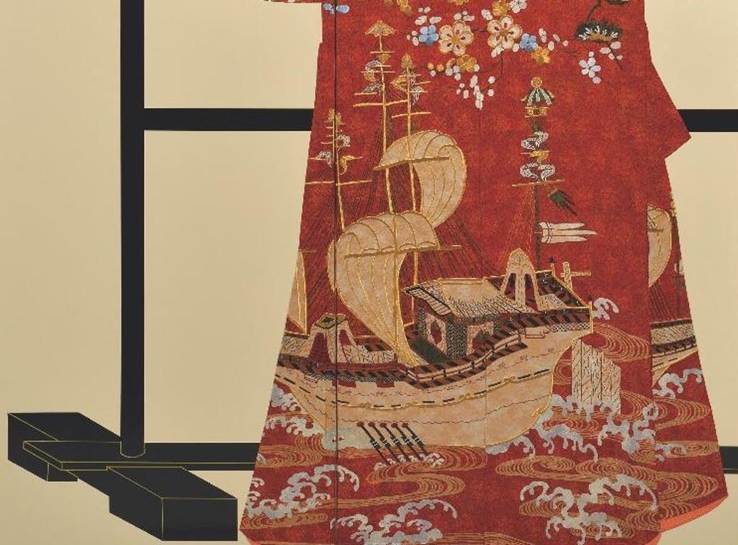 Hand-Crafted Japanese Large Contemporary Red Silk Gilded Folding Screen