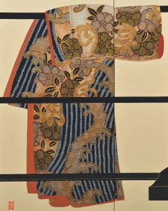 Japanese Large Contemporary Yellow Black Gilded Raised Silk Folding Screen