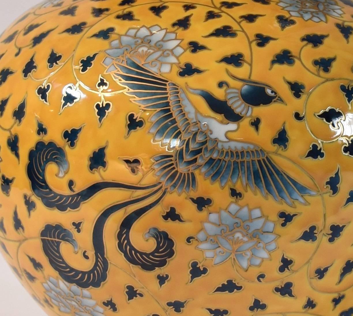 Gilt Japanese Large Contemporary Yellow Gilded Imari Ceramic Vase by Master Artist