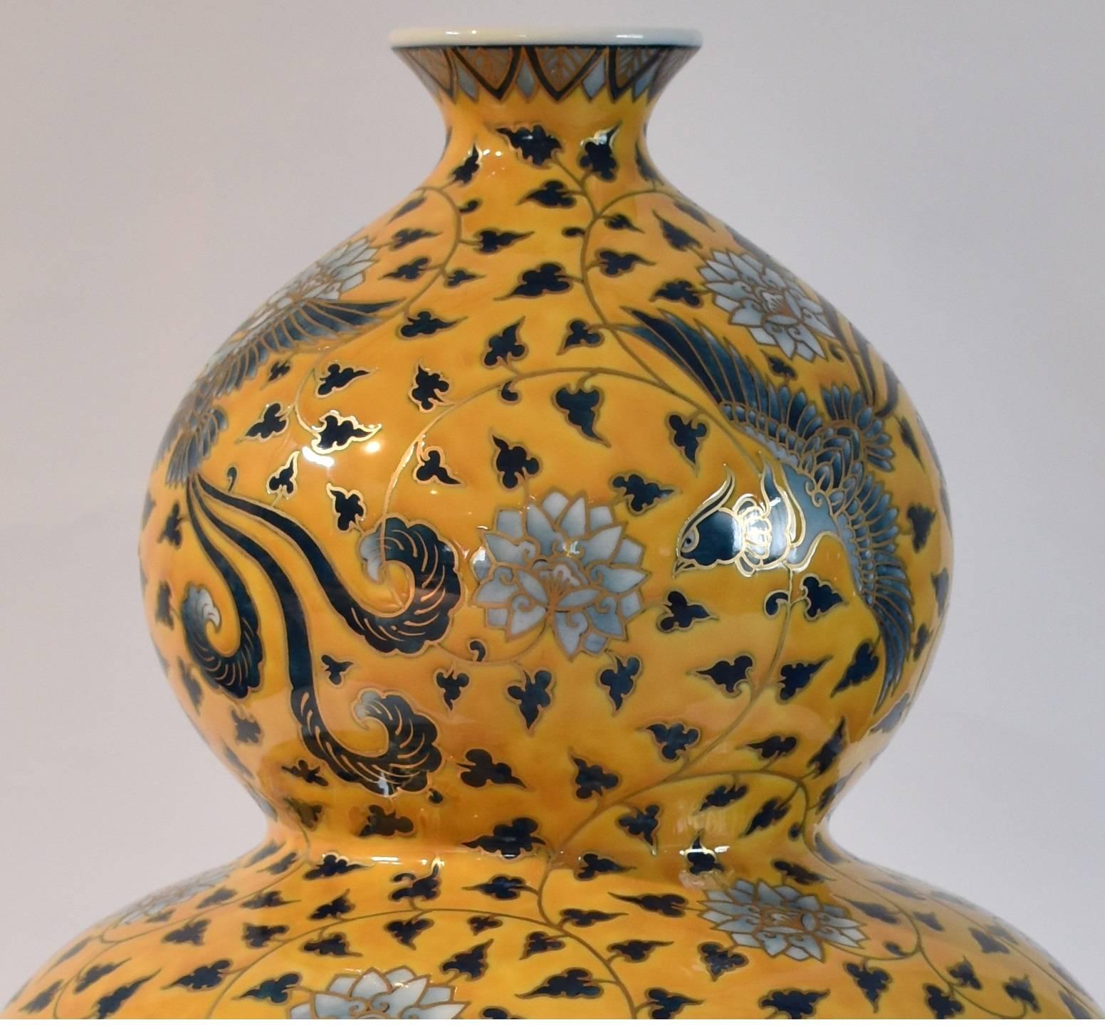 Gold Japanese Large Contemporary Yellow Gilded Imari Ceramic Vase by Master Artist