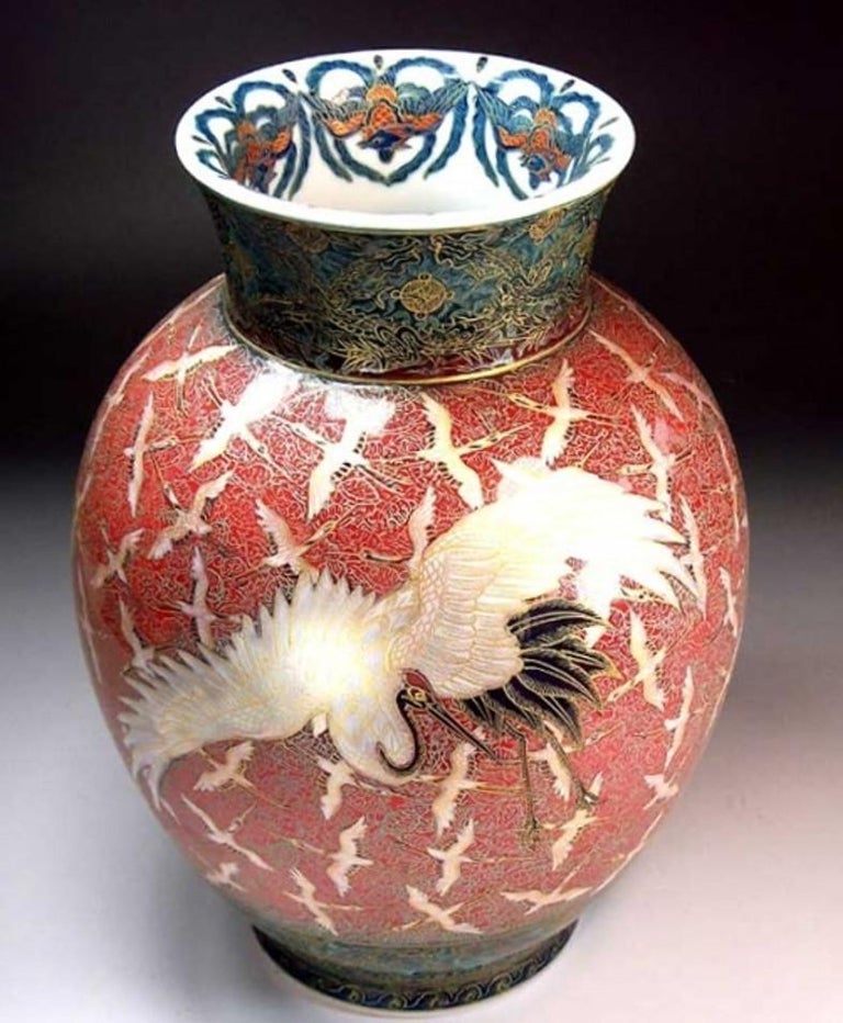 Japanese Large Green Gilded HandPainted Imari Porcelain Vase by Master