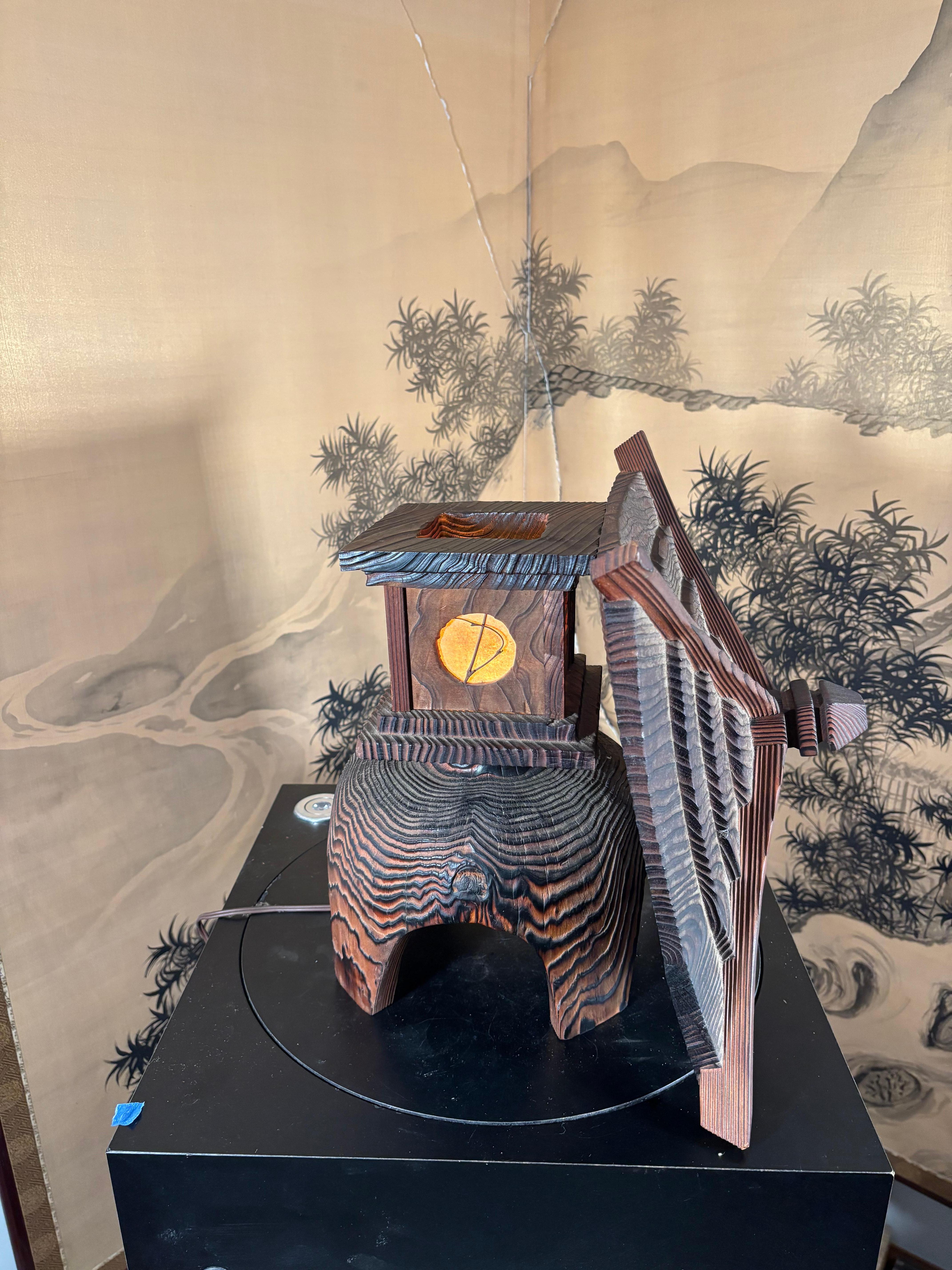 Japanese Large Hand Carved Electrified Light with Fine Details And Serene Glow For Sale 7