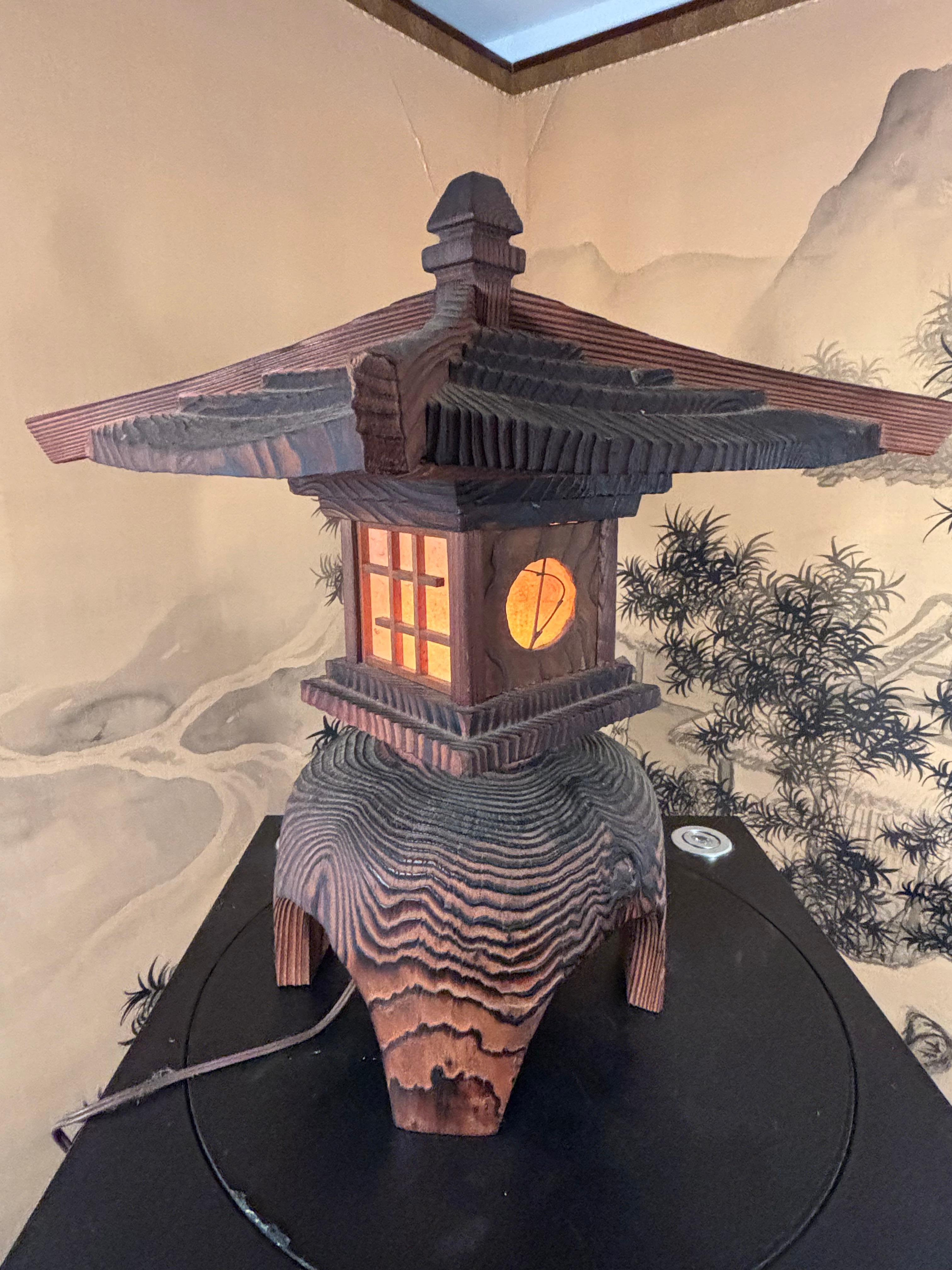 Showa Japanese Large Hand Carved Electrified Light with Fine Details And Serene Glow For Sale