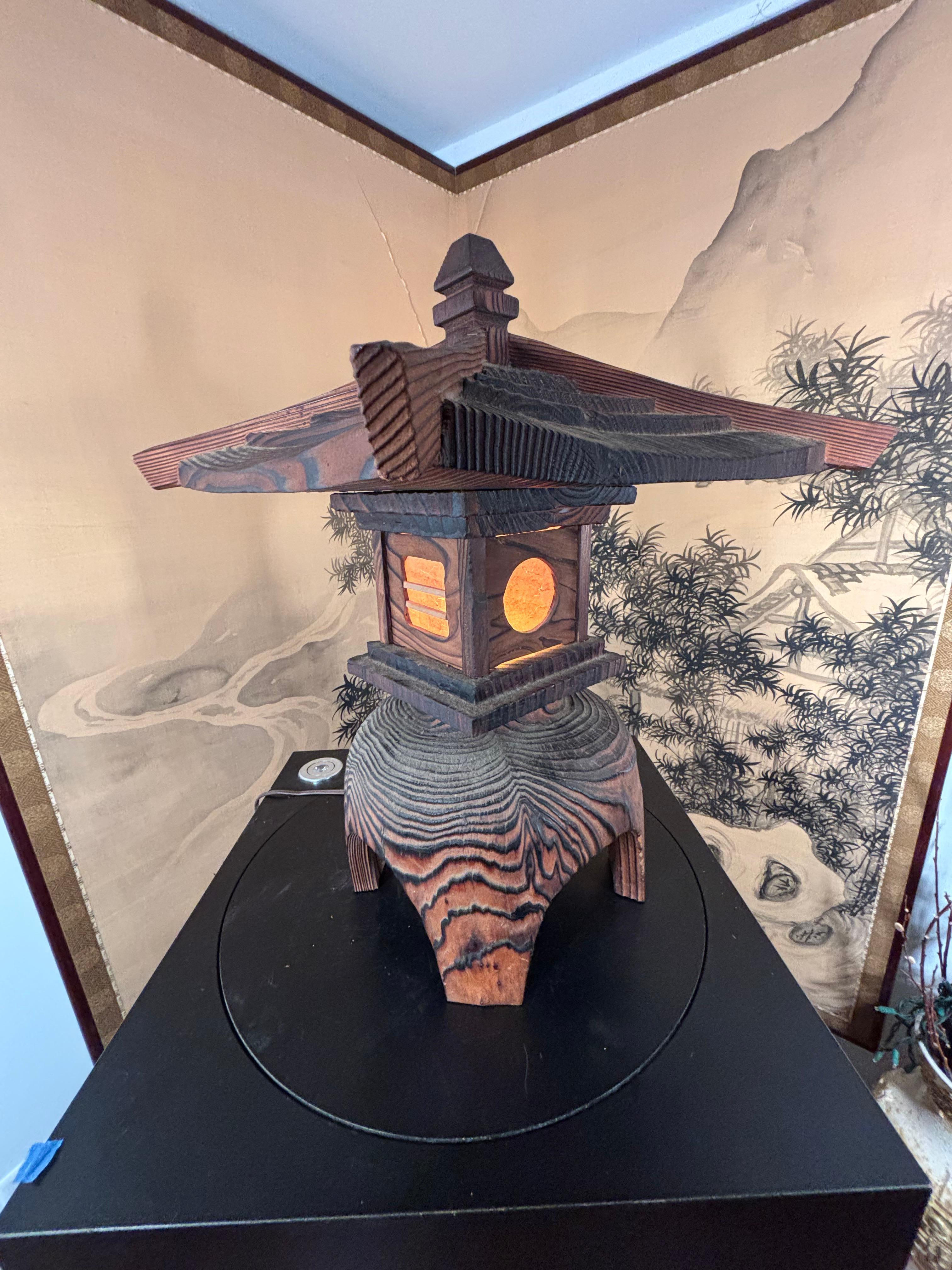 Hand-Crafted Japanese Large Hand Carved Electrified Light with Fine Details And Serene Glow For Sale