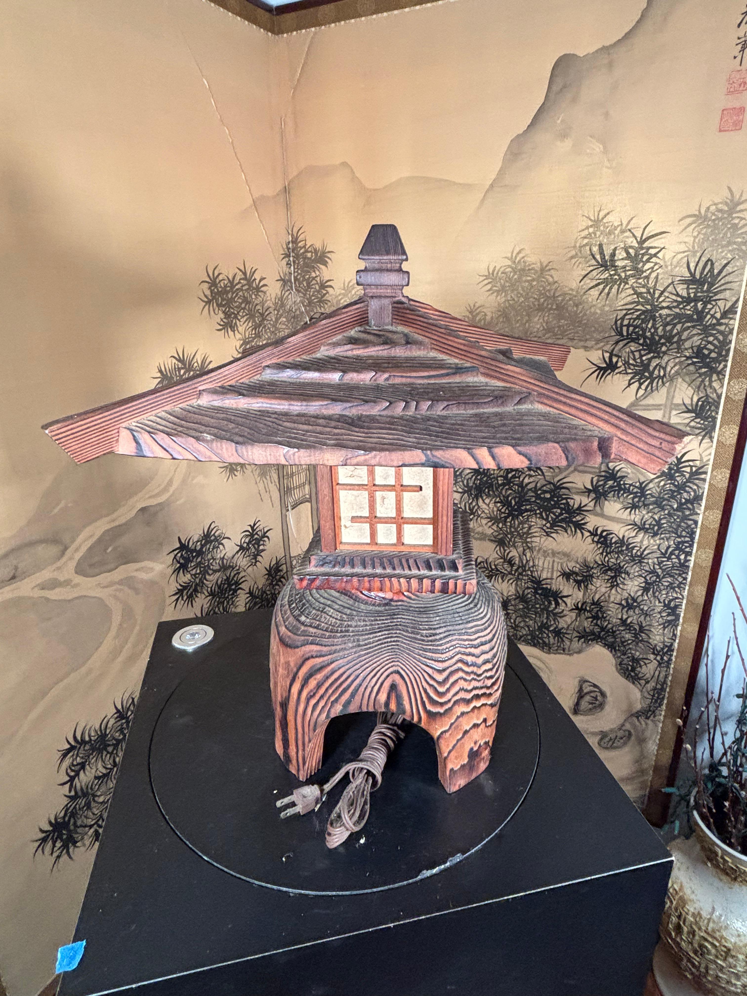 Wood Japanese Large Hand Carved Electrified Light with Fine Details And Serene Glow For Sale