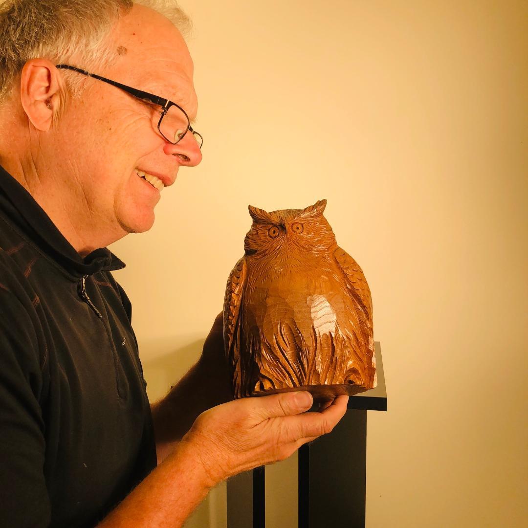 Japan, a fine big plump and old hand carved one-of-a-kind winged creature masterfully crafted from one solid wood block into a realistic owl with fine wing, head, eye and feet details. 

Notice the especially fine head and hair details. 

Signatures