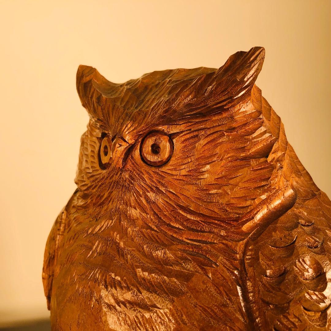 Japanese Hand Carved  Owl, Fine Mid Century Work of Art In Good Condition In South Burlington, VT