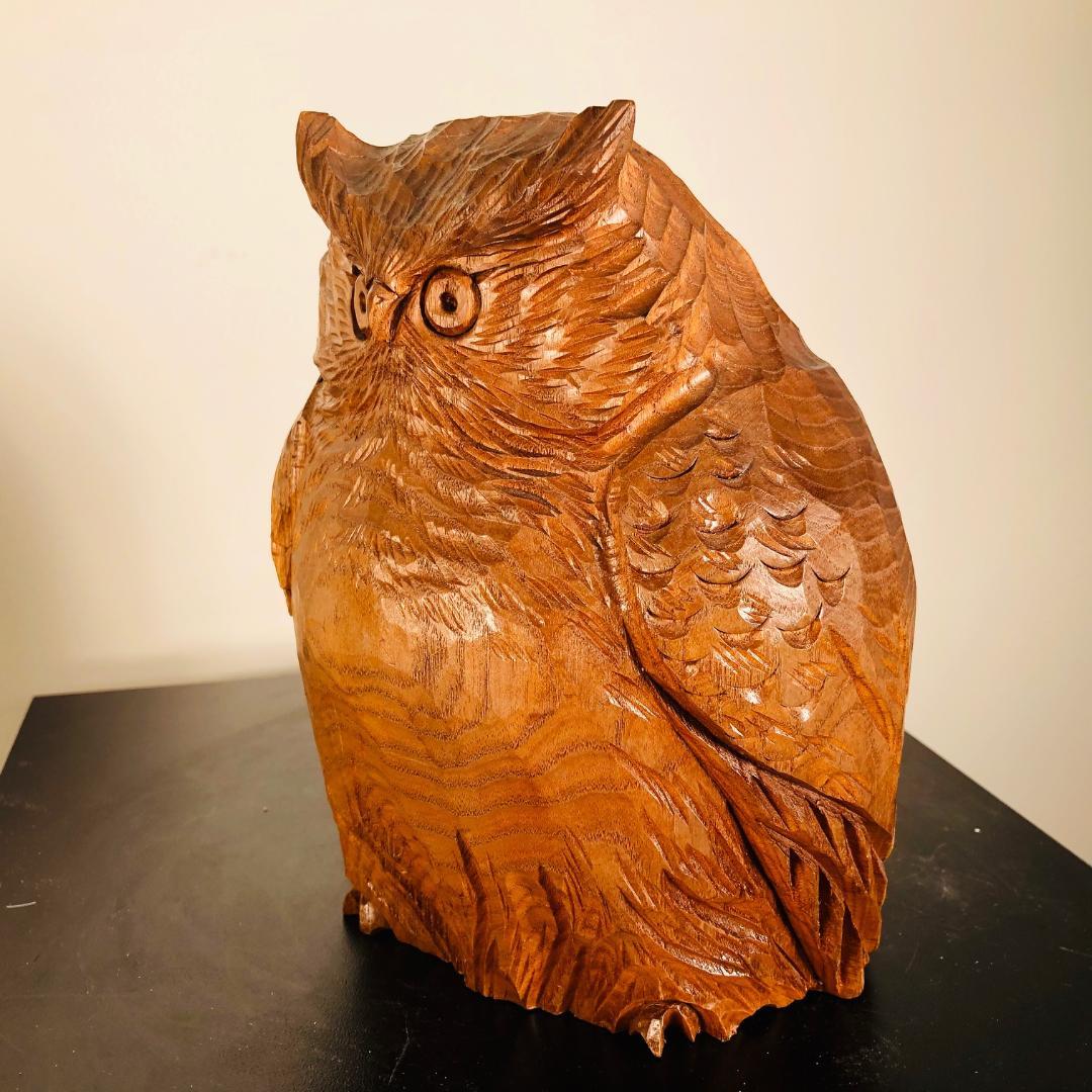 20th Century Japanese Hand Carved  Owl, Fine Mid Century Work of Art