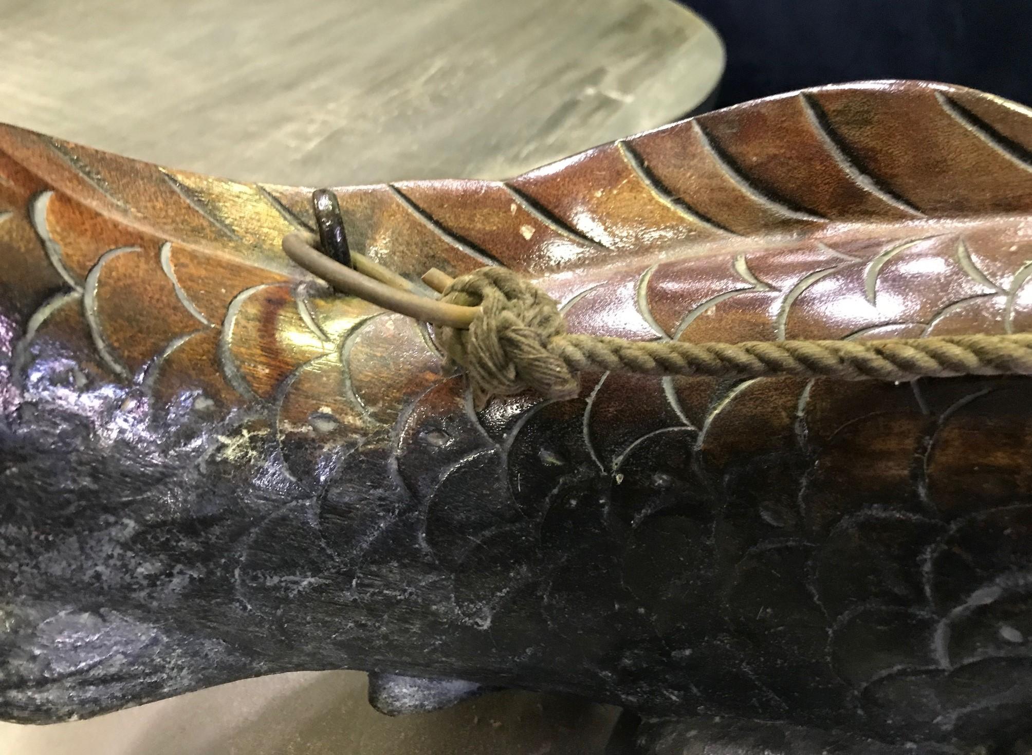 Japanese Large Hand Carved Wood Koi Good Fortune Fish Sculpture with Rope & Hook In Good Condition In Studio City, CA