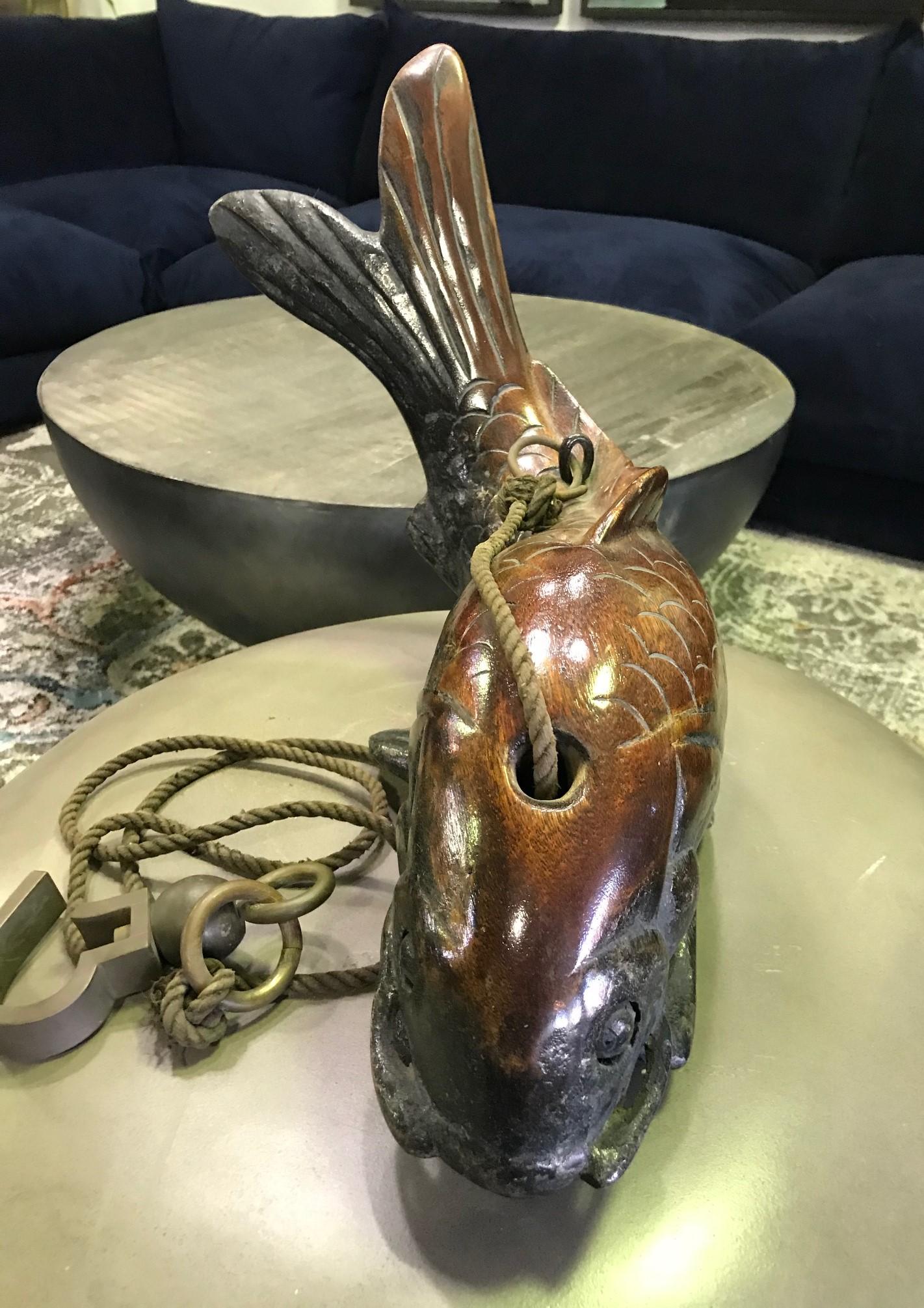 19th Century Japanese Large Hand Carved Wood Koi Good Fortune Fish Sculpture with Rope & Hook