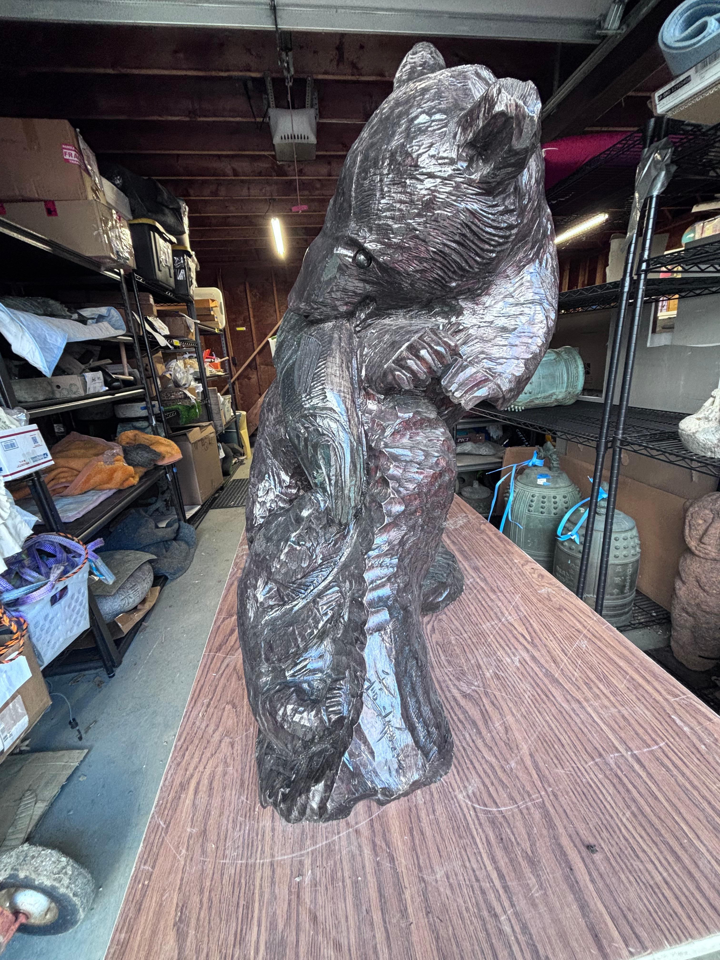 Japanese Large Hand Carved Wooden Bear Family With Salmon 33 Inches, Signed For Sale 4