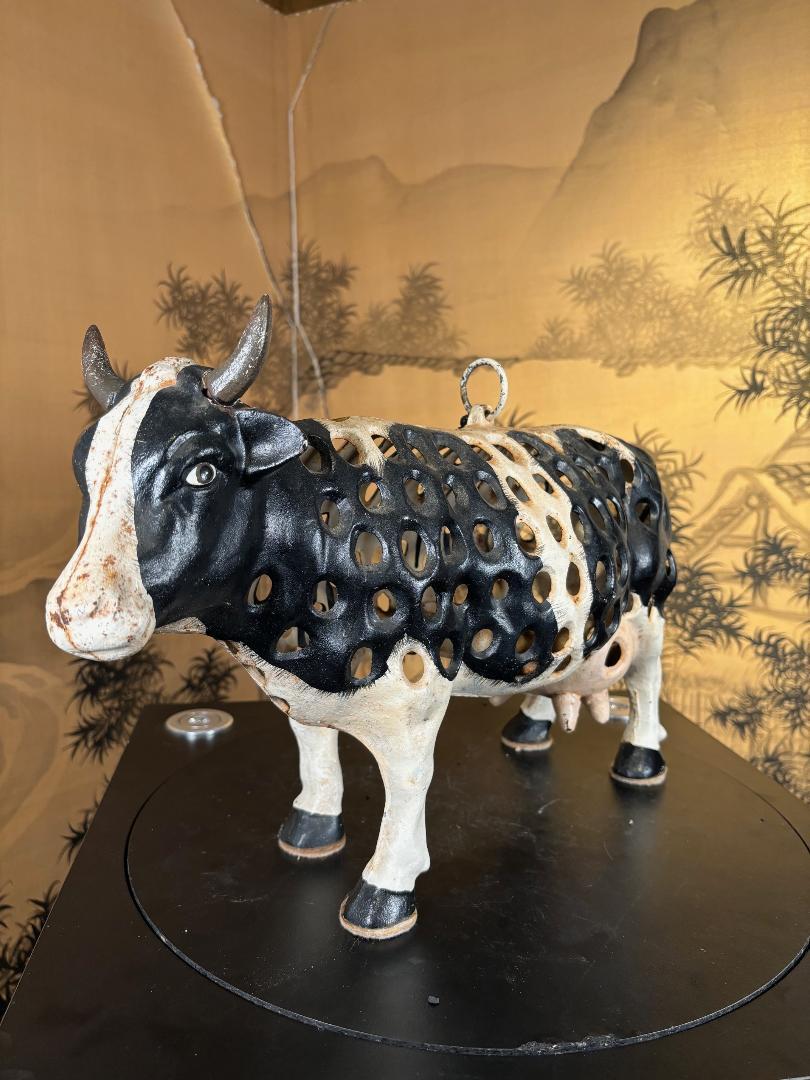 Showa Japanese Large Hand Cast Prize Holstein Cow Lantern, Rare Find For Sale