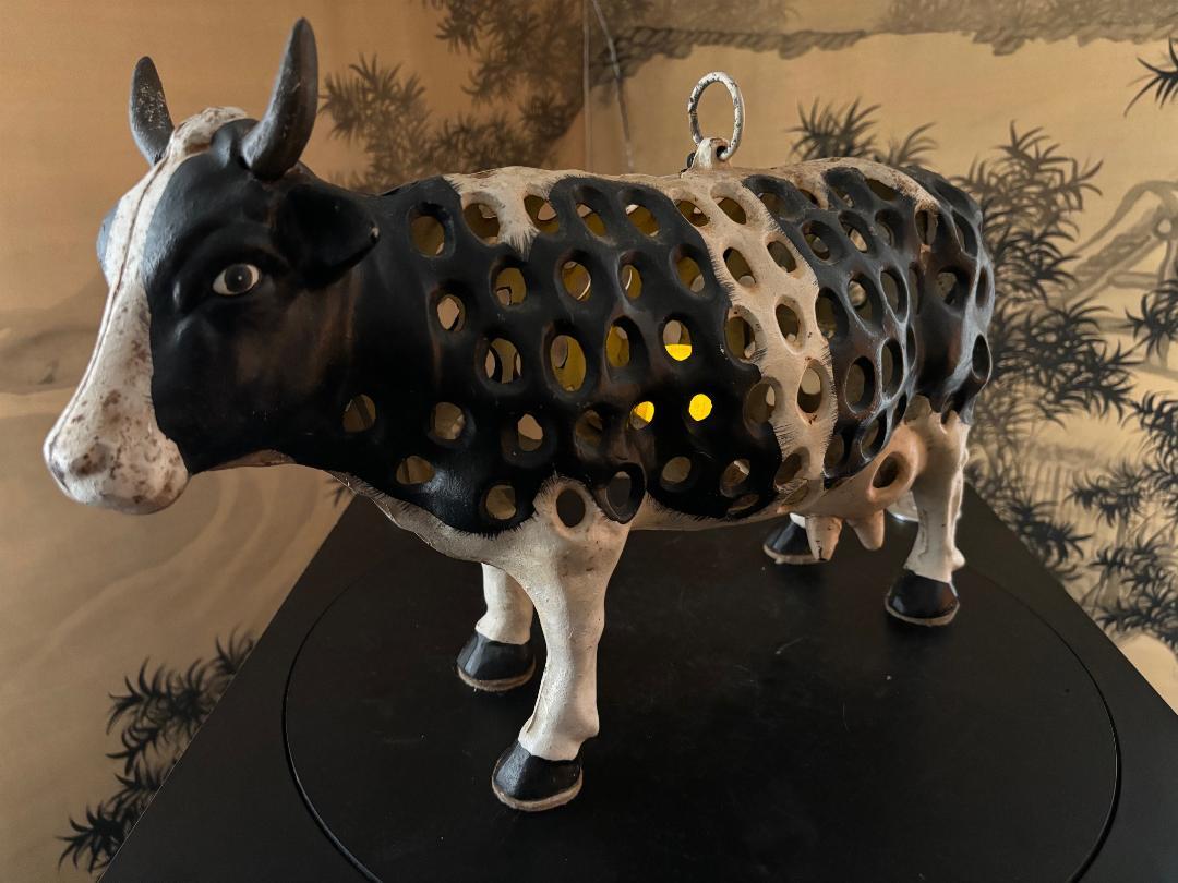 Iron Japanese Large Hand Cast Prize Holstein Cow Lantern, Rare Find For Sale
