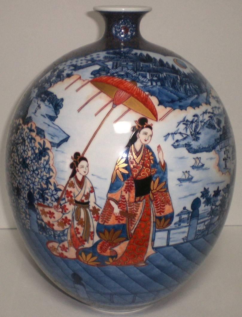 Japanese Large Imari Hand Painted Blue Porcelain Vase by Master Artist, 2018 3