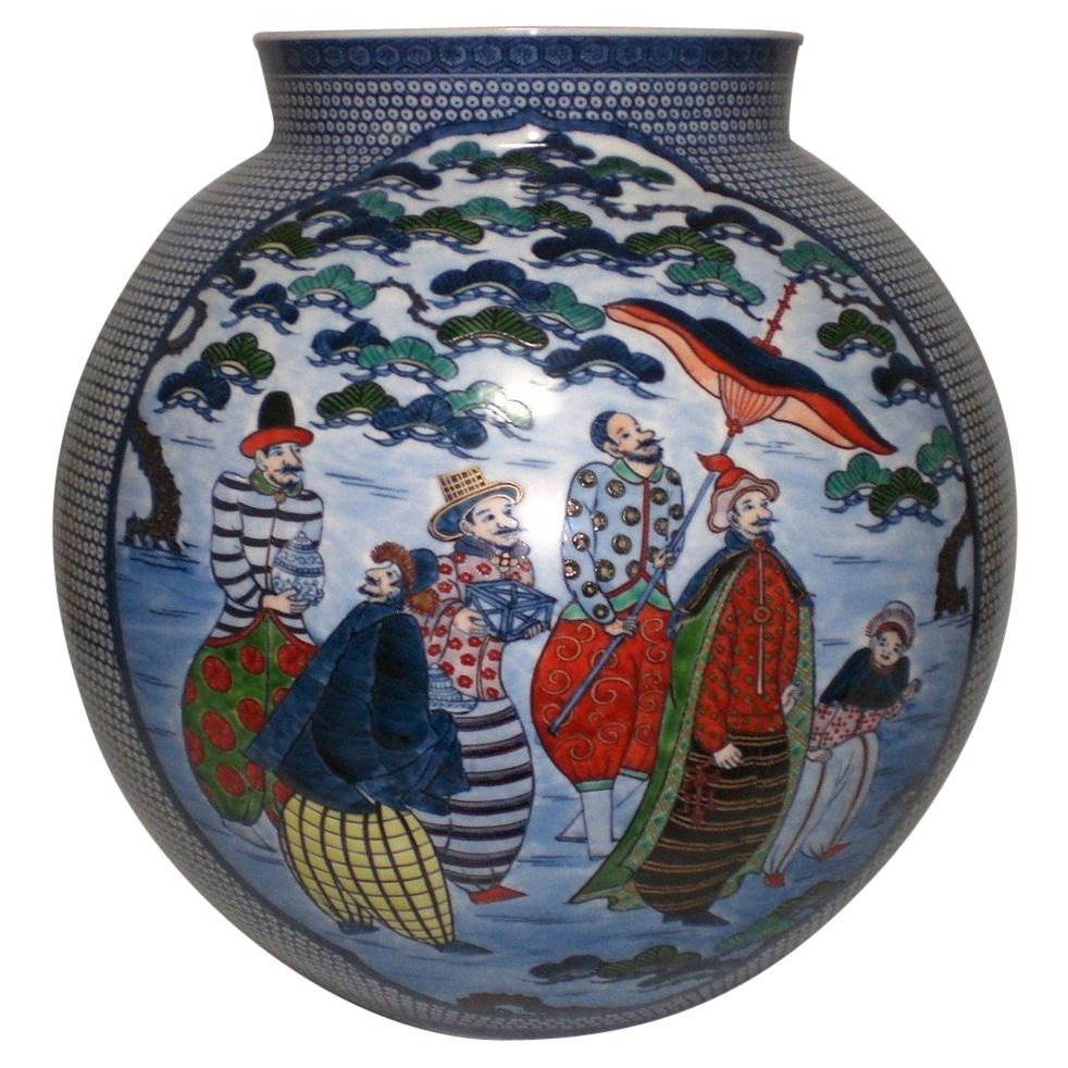 Japanese Large Imari Hand Painted Blue Porcelain Vase by Master Artist, 2018