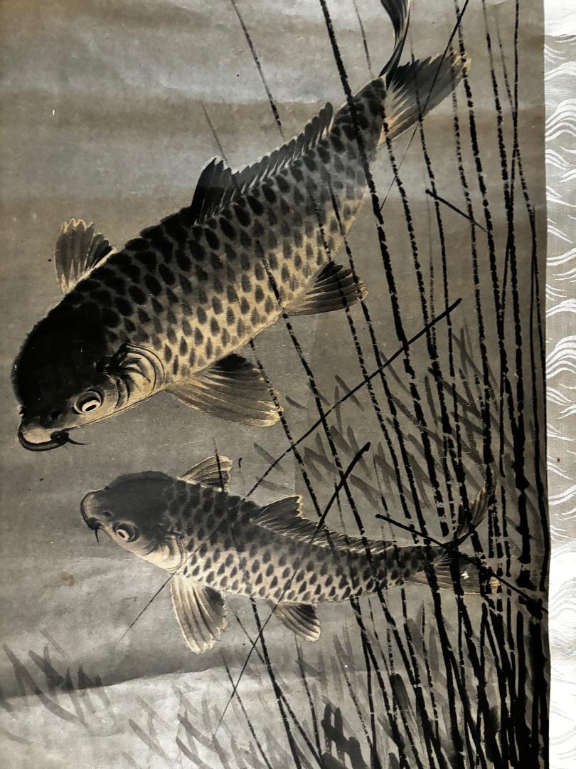Japanese Large  Koi Fish Scroll Hand Painting in black Sumi Ink In Good Condition For Sale In South Burlington, VT