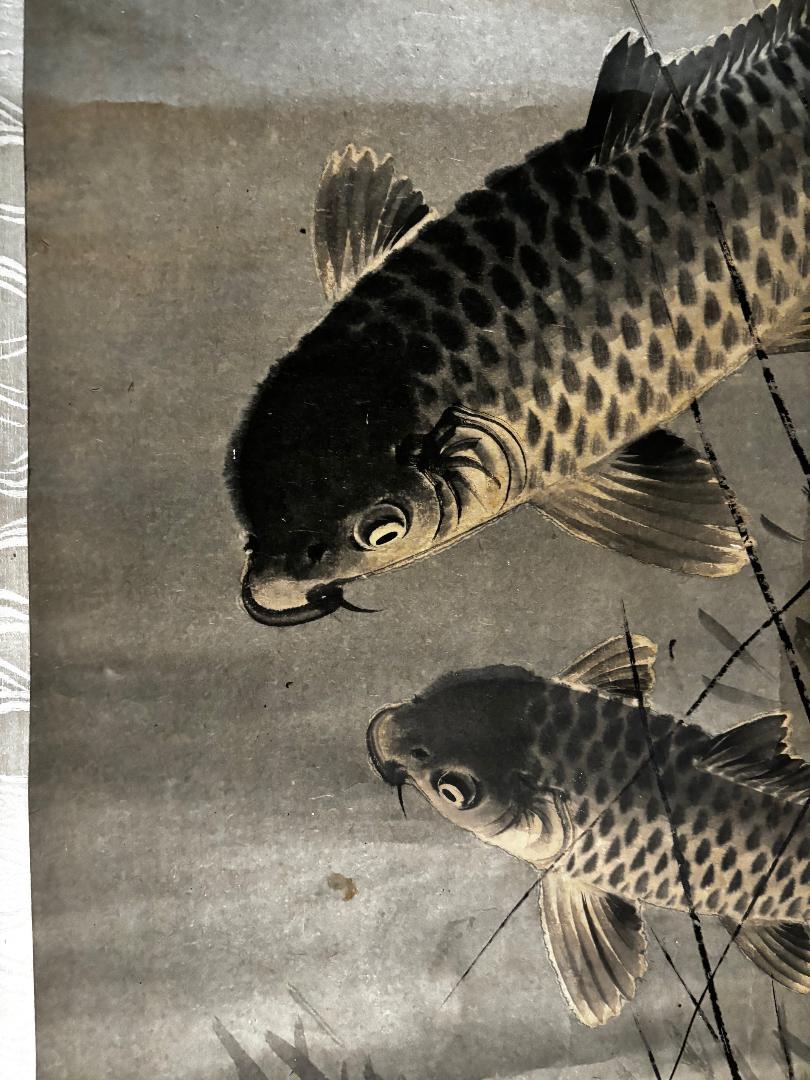 Paper Japanese Large  Koi Fish Scroll Hand Painting in black Sumi Ink For Sale