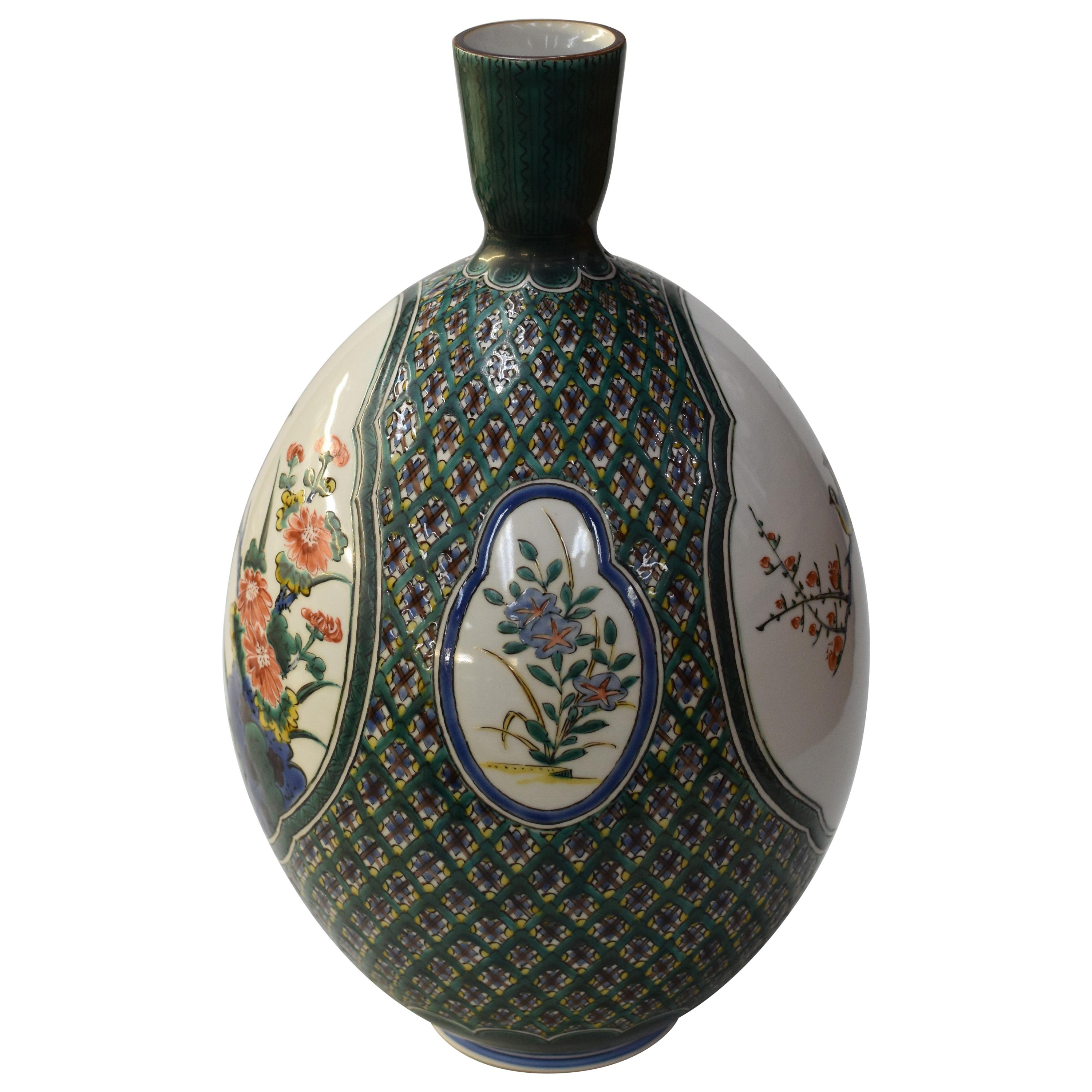 Japanese Contemporary Green Purple Porcelain Vase by Master Artist