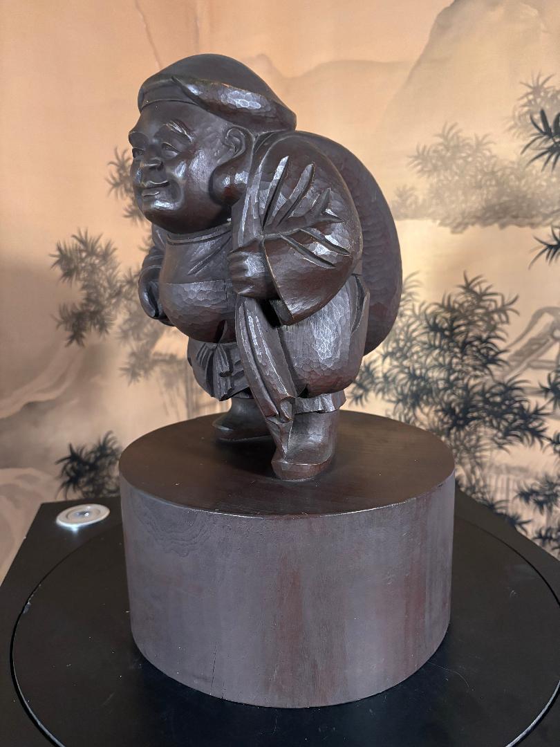 Mid-Century Modern Japanese Large Old Hand Carved Daokoku God of Wealth, Superb Carving