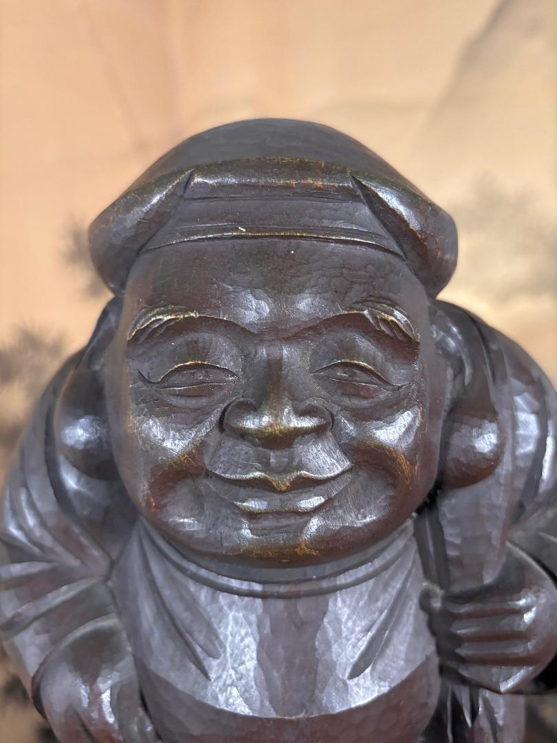 Hand-Carved Japanese Large Old Hand Carved Daokoku God of Wealth, Superb Carving