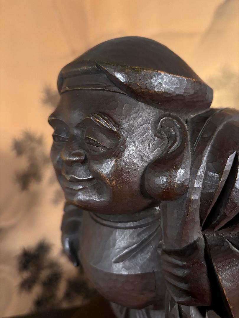 Japanese Large Old Hand Carved Daokoku God of Wealth, Superb Carving In Good Condition In South Burlington, VT