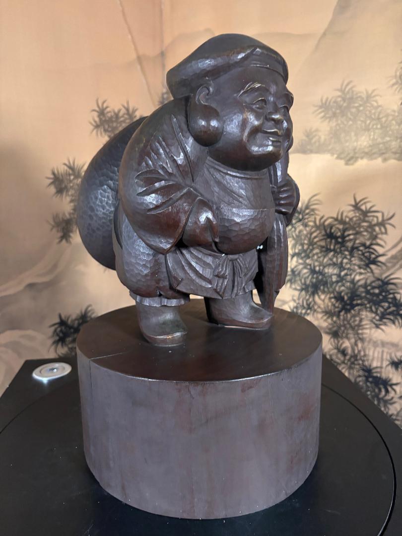 20th Century Japanese Large Old Hand Carved Daokoku God of Wealth, Superb Carving