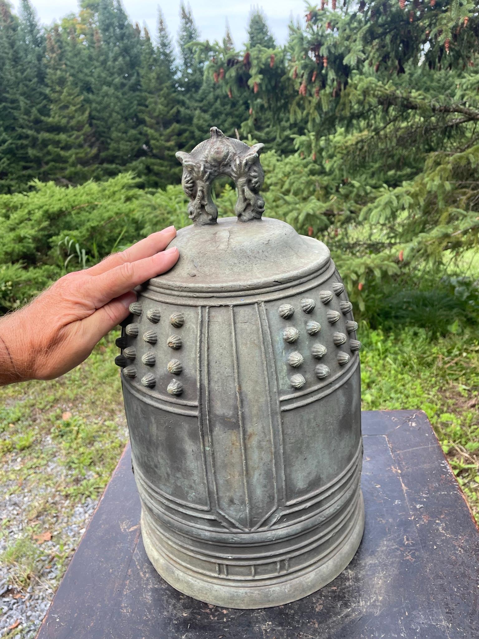 For your special garden setting or indoor display space.

Big Hand Cast Bronze Bell Bold pleasing sound, signed by Japanese maker in Kanji script

Signed.

Beautiful deep resonating ring tones await the new owner of this big one-of-a-kind vintage